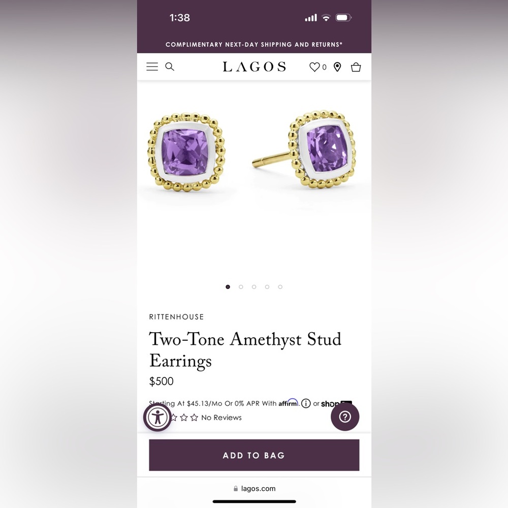 LAGOS S/S 18k Caviar color Amethyst 7mm Cushion stud earrings.